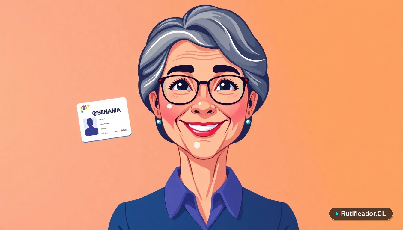 Ilustración de adulta mayor revisando su tarjeta SENAMA de manera digital y segura.