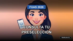 Joven chilena sonriente consultando resultados FUAS 2026 en un dispositivo digital flotante, ilustración plana corporativa.