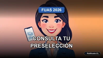 Joven chilena sonriente consultando resultados FUAS 2026 en un dispositivo digital flotante, ilustración plana corporativa.
