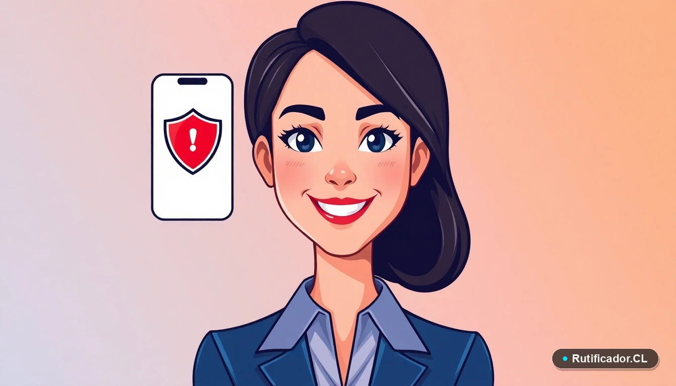 Mujer verificando notificación IPS falsa en su teléfono con escudo de seguridad digital